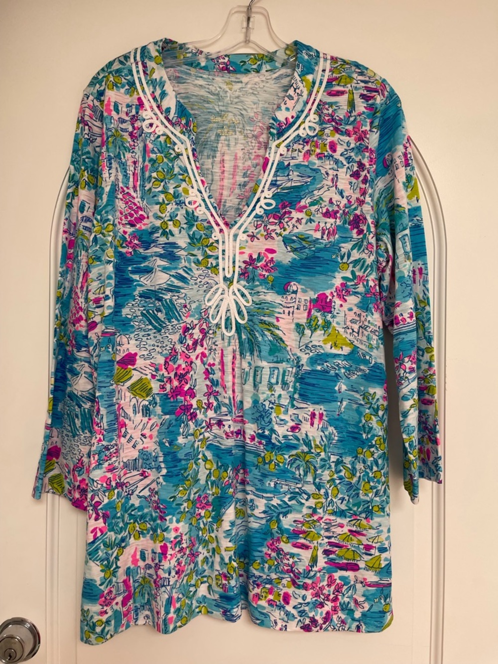 Lilly Pulitzer Kaia tunic top in postcards from positano print, size women’s XL